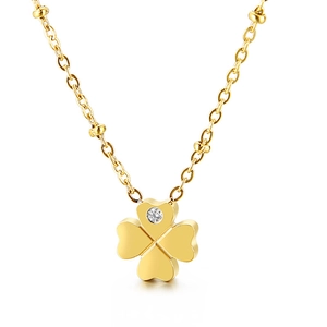 Four Leaf Clover Pendant Necklace Stainless Steel Heart Shape Zircon Inlay Elegant Jewelry For Women Clavicle Chain