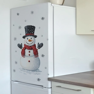 Winter snowman fridge sticker with top hat and red scarf on white refrigerator door