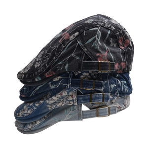 Vintage Floral Print Denim Cotton Flat Cap Adjustable Ivy Newsboy Hat For Women Retro Artistic Style