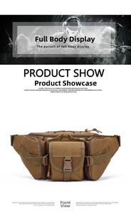 Detailed front view of khaki tactical waist bag with MOLLE webbing and buckles