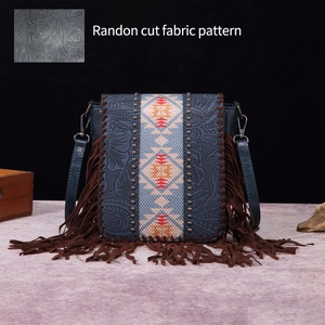 Detail view of ethnic woven patterns and vintage studs on bohemian leather fringe crossbody bag