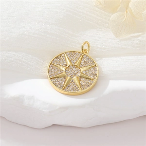 Exquisite gold round pendant necklace with sparkling starburst zircon crystals on a stone base