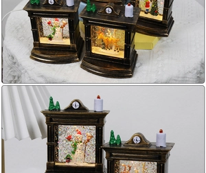 Macro view of vintage bronze-style lanterns with Christmas snowmen and LED candle lights