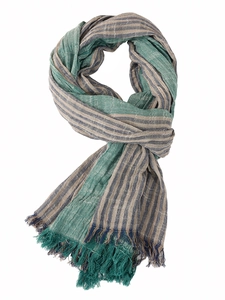 Detail of navy blue and green striped thin men's scarf with fringe and soft cotton texture