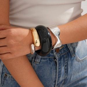 Minimalist stackable geometric metal bangles in gold, silver and black resin finish