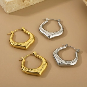 Geometric U-Shaped Stainless Steel Earrings For Women Rhombus Texture V-Shaped Minimalist Plated Titanium Steel Jewelry