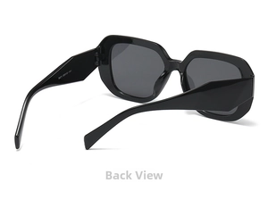 Detail view of square oversized sunglasses with wide temples and model S471 printed inside
