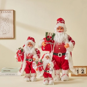 Standing Santa Claus Figurine Ornament Christmas Decoration Fabric Plastic With Lantern Gift Bag Traditional Decor