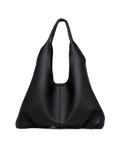 Black pebbled leather minimalist tote bag with a soft triangular shape on white background