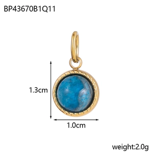 Gold oval stainless steel pendant with blue natural stone and rope edge detail