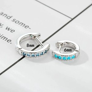 Silver copper hoop earrings with blue zircon in 6mm and 8mm sizes for women