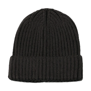 Close-up of rib-knit texture and folded brim on a warm cotton beanie for men