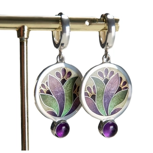 Elegant vintage silver floral drop earrings with purple gemstones and enamel detail