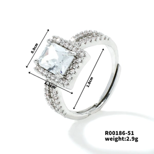 Detail view of silver ring with large square zircon and precise size measurements