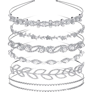Set of six silver bridal headbands with sparkling rhinestones and delicate pearls details