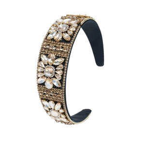 Elegant wide velvet headband with amber rhinestones and crystals in baroque style