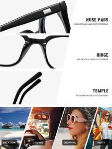 Detail of integrated nose pads, durable metal hinges, and ergonomic temples of black glasses