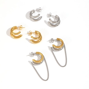 Three pairs of C-shaped stainless steel earrings in gold, silver, and two-tone tassel styles