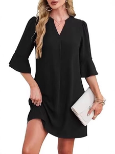 Women V-Neck Mini Dress Flared Half Sleeves Loose Fit Solid Color Polyester Spandex Elegant Party Casual A-Line