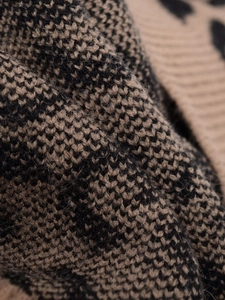 Close-up of leopard jacquard knit texture showing soft brown and black fiber patterns