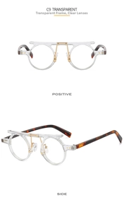 Detail view of retro round transparent glasses with gold bridge and tortoiseshell temples