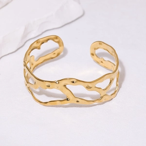 Luxurious 18k gold plated titanium steel open cuff bracelet with irregular hammered texture