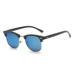Classic retro clubmaster sunglasses with black frame, blue mirrored lenses and rivets