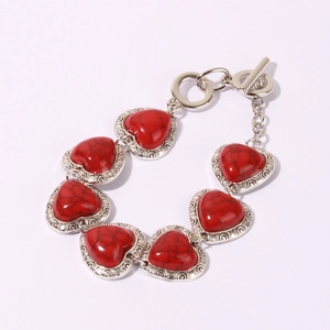 Retro silver alloy bracelet with red turquoise heart stones and vintage engraving