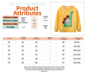 Detailed size chart and material attributes for children's long sleeve dinosaur sweatshirt