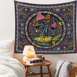 Bohemian tapestry with a turtle and glowing mushrooms in a psychedelic punk style bedroom