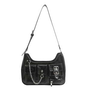 Chic black shiny leather shoulder bag with punk chains and multi-pocket design