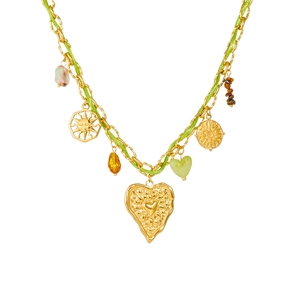 Bohemian gold chain and green woven rope necklace with irregular heart and sun pendants