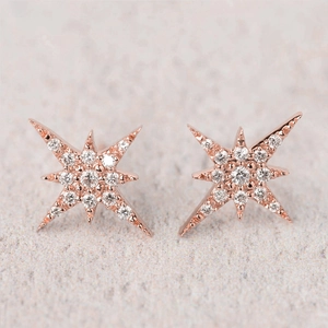 Primer plano detallado de pendientes de estrella en oro rosa con circonitas brillantes