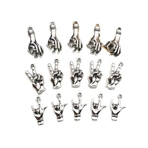 Set of 15 antique silver gesture charms for DIY jewelry making with OK and peace hand signs