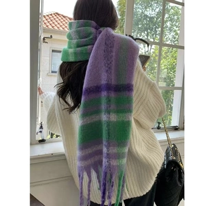 Thick rainbow plaid scarf with tassels in purple and green for autumn and winter warmth