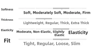 Size chart showing regular thickness, moderate softness, stretch, and fit of the dress
