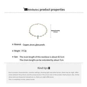Detail view of pearl necklace size specs and dimensions with blue zircon pendant