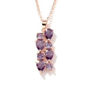 Elegant rose gold bar necklace featuring multi-shape purple gemstones on white background