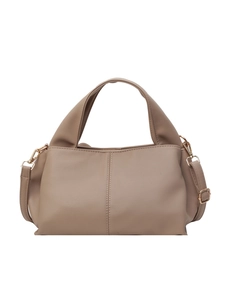 Minimalist beige leather shoulder bag with gold hardware and detachable strap for women
