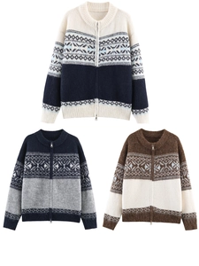 Detailed knit texture of Fair Isle jacquard sweaters with metal double zippers