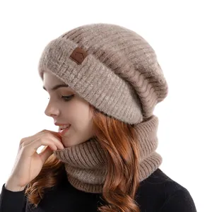Winter camel knit beanie and neck warmer set with soft fleece lining and sport leather patch