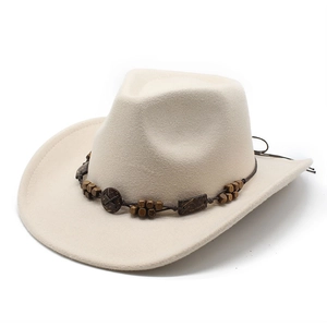 Detail of wool cowboy hat featuring a braided brown band with wooden beads and a decorative buckle