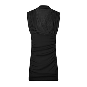 Detail of black sleeveless mini dress featuring sheer mesh top and ruched bodycon skirt