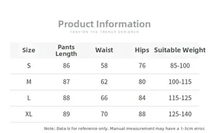 Detailed size chart for yoga leggings showing waist, hip, and length measurements from S to XL
