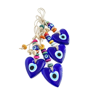 Handmade Turkish blue evil eye glass heart pendants with colorful wooden beads and ropes