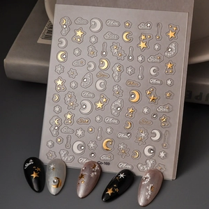 5D Embossed Nail Art Stickers Gold White Star Moon Decals Adhesive Waterproof Manicure Decoration For Women Girls