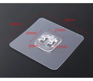 Detailed dimensions of 68mm square transparent adhesive wall hook for shelving
