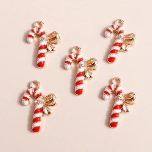 Pendentifs de canne de Noël avec émail rouge et nœud doré pour création de bijoux DIY