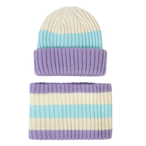 Detail of striped knitted beanie and scarf set with violet and blue rib-knit texture