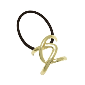 Minimalist gold U-shaped metal ponytail holder with elastic hair tie on white background